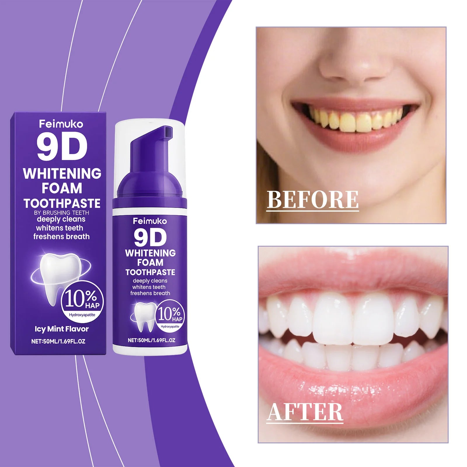 9D Purple Tooth Mousse WHITENING FOAM TOOTHPASTE 10% Hydroxyapatite Fresh Breath Travel Teeth Whitening Stain Removal Oral Care