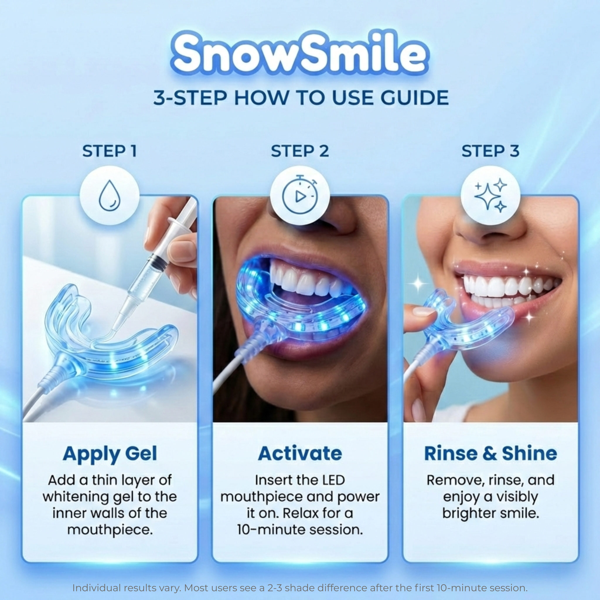 SnowSmile teeth whitening device with step-by-step guide on a light blue background