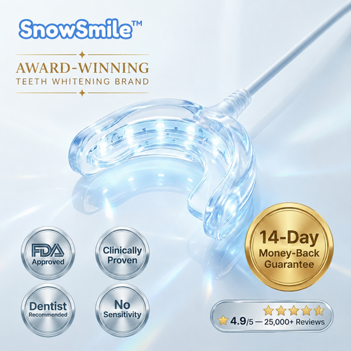 SnowSmile teeth whitening device shown on a light blue and white background with promotional text, including 'Award-Winning Teeth Whitening Brand,' feature badges such as FDA Approved, Clinically Proven, Dentist Recommended, and No Sensitivity, and a gold 14-Day Money-Back Guarantee seal.