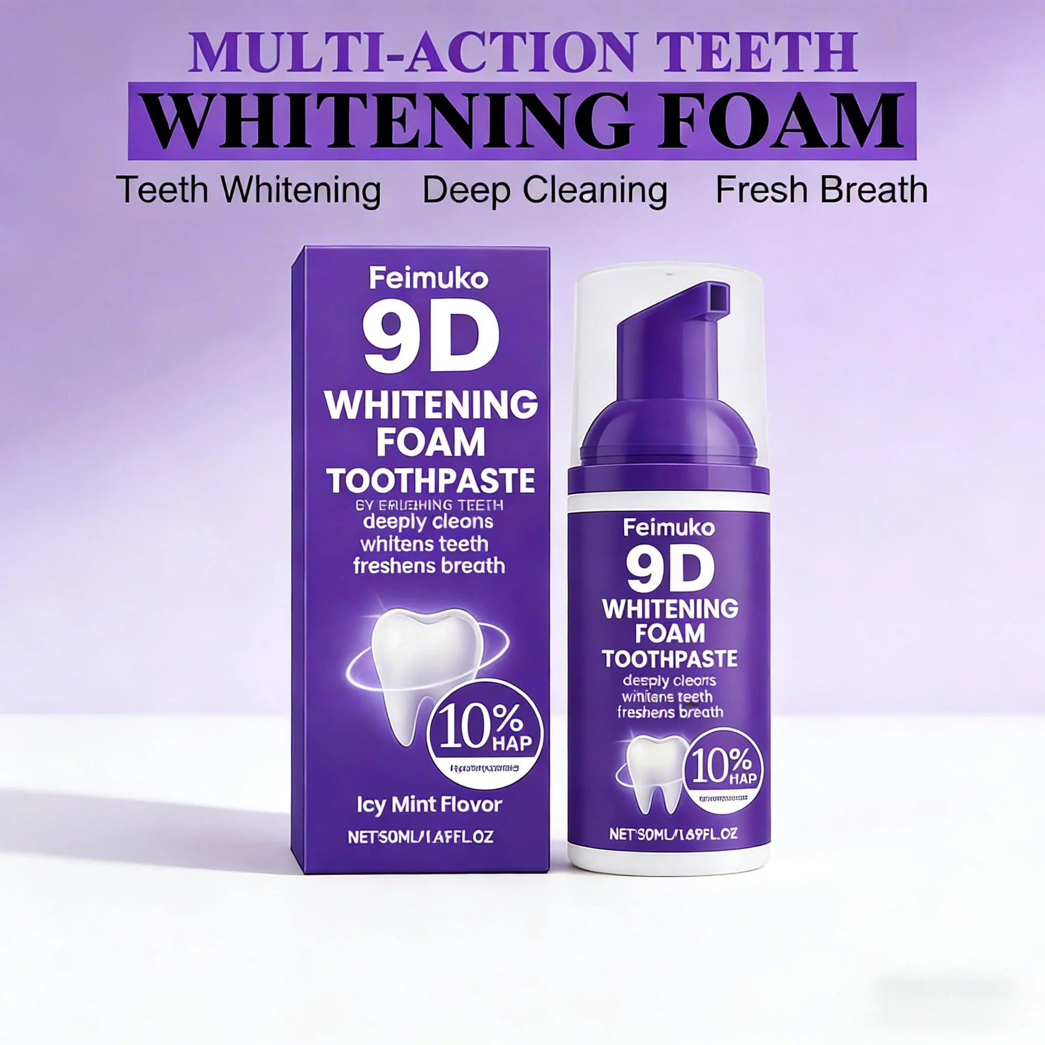 9D Purple Tooth Mousse WHITENING FOAM TOOTHPASTE 10% Hydroxyapatite Fresh Breath Travel Teeth Whitening Stain Removal Oral Care