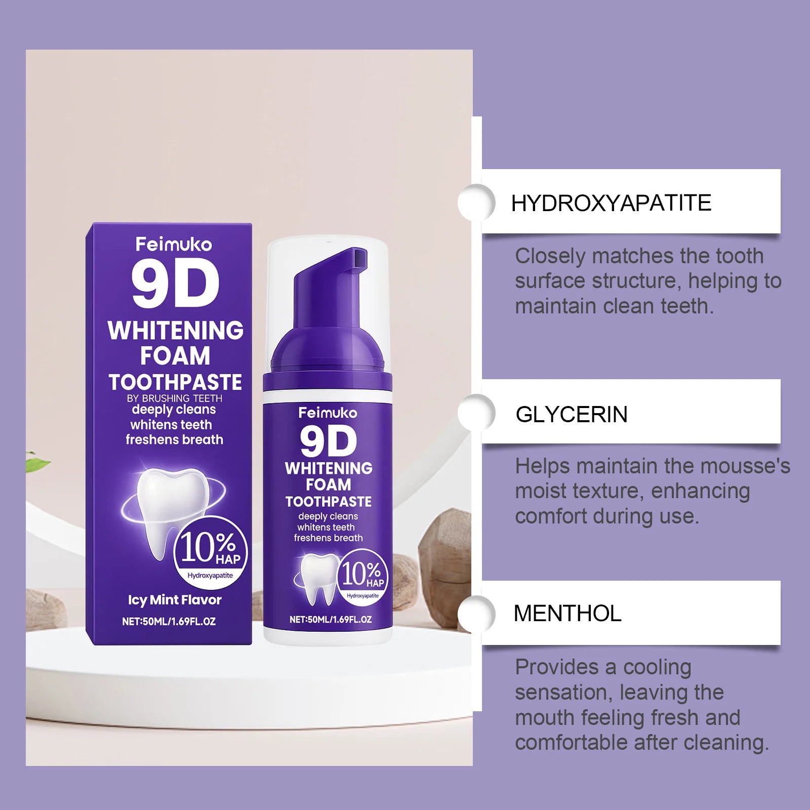 9D Purple Tooth Mousse WHITENING FOAM TOOTHPASTE 10% Hydroxyapatite Fresh Breath Travel Teeth Whitening Stain Removal Oral Care